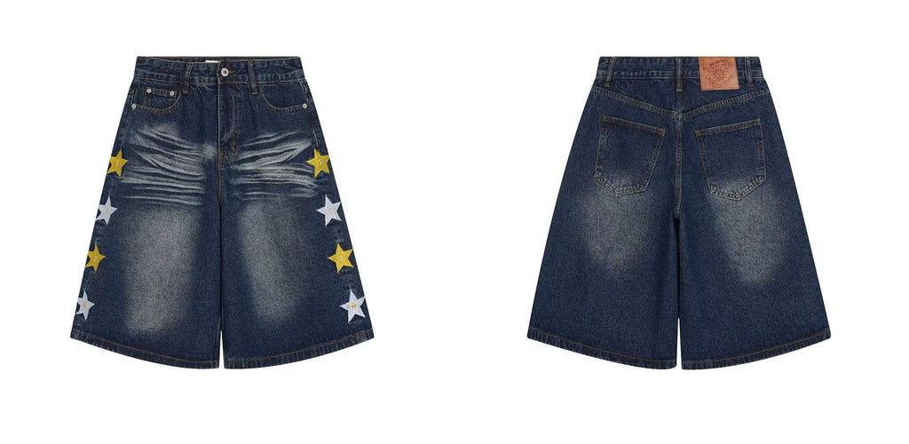 Y2K Vintage Graphic Embroidered Baggy Denim Long Shorts Streetwear