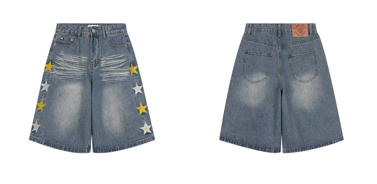 Y2K Vintage Graphic Embroidered Baggy Denim Long Shorts Streetwear