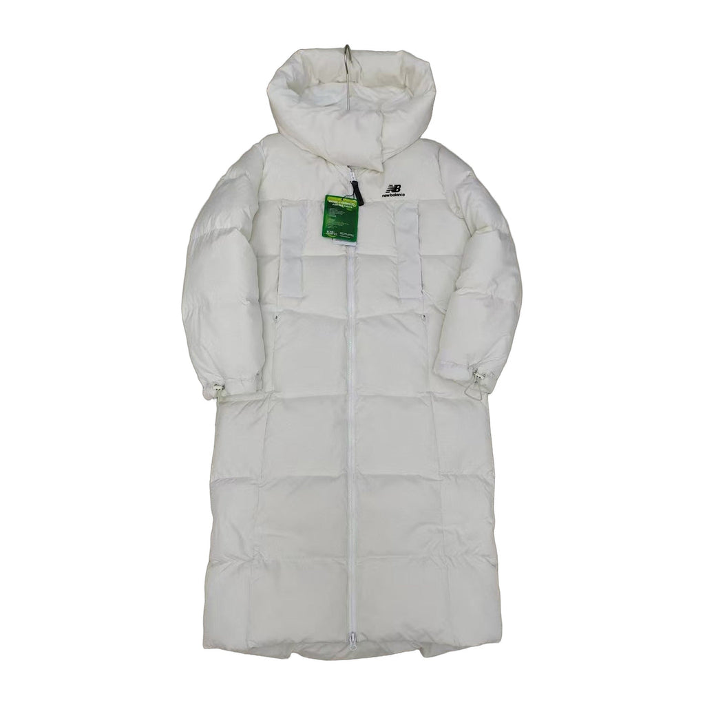 New Balance Hooded Long Puffer Coat – Off White | Full-Length Athletic Winter Coat