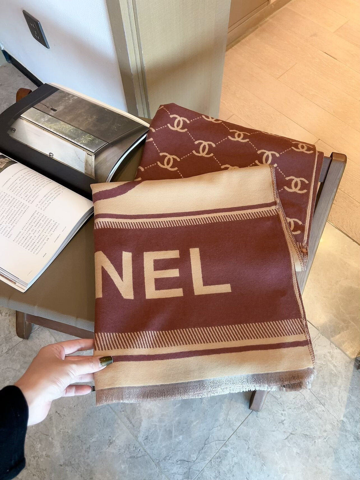 Chanel Burgundy Beige Motif Scarf