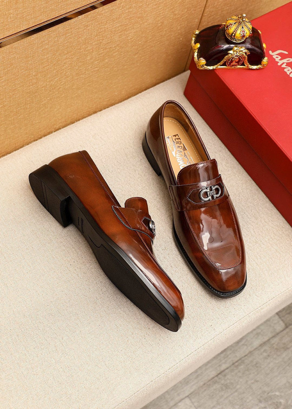 Ferragamo Brown Leather Metal-Detail Loafers