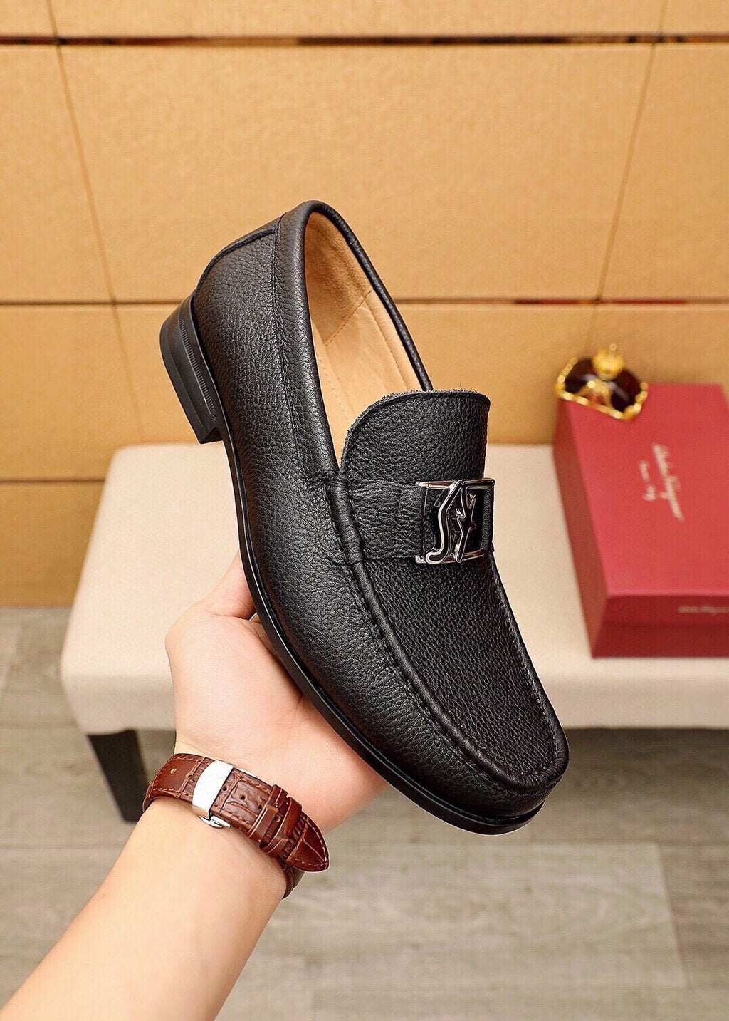 Ferragamo Black Pebbled Leather Loafers