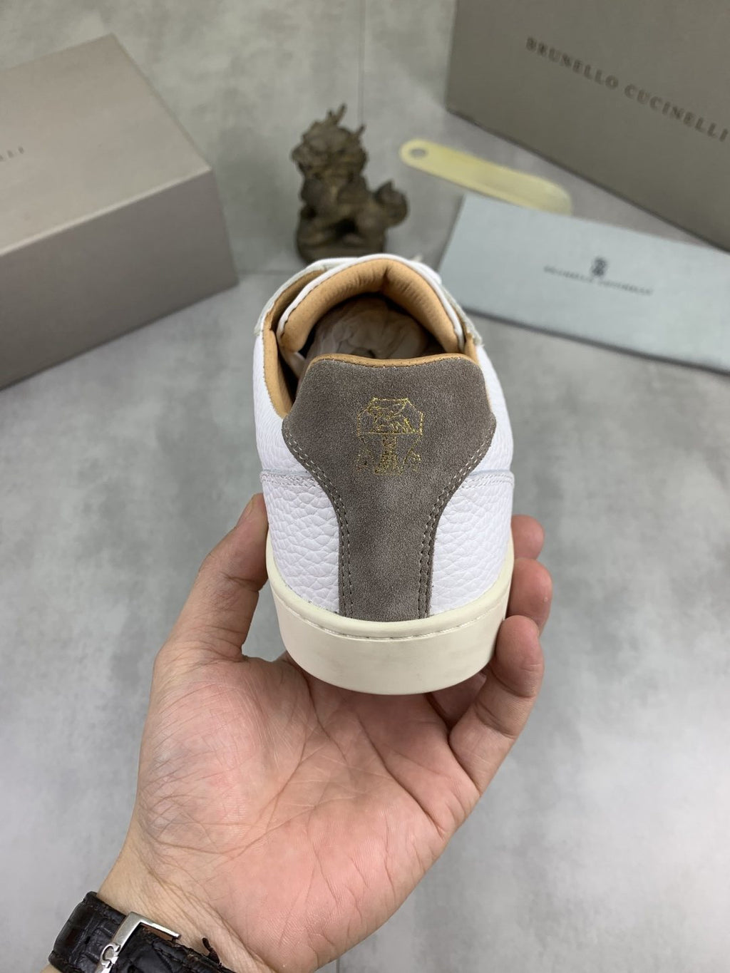 Brunello Cucinelli White and Taupe Low-Top Sneakers
