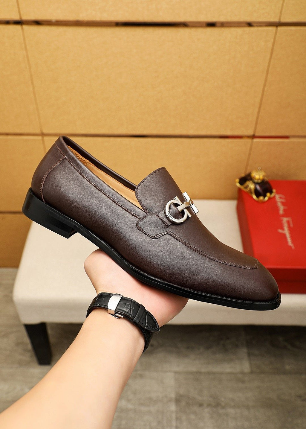 Ferragamo Silver-Tone Ornament Loafers
