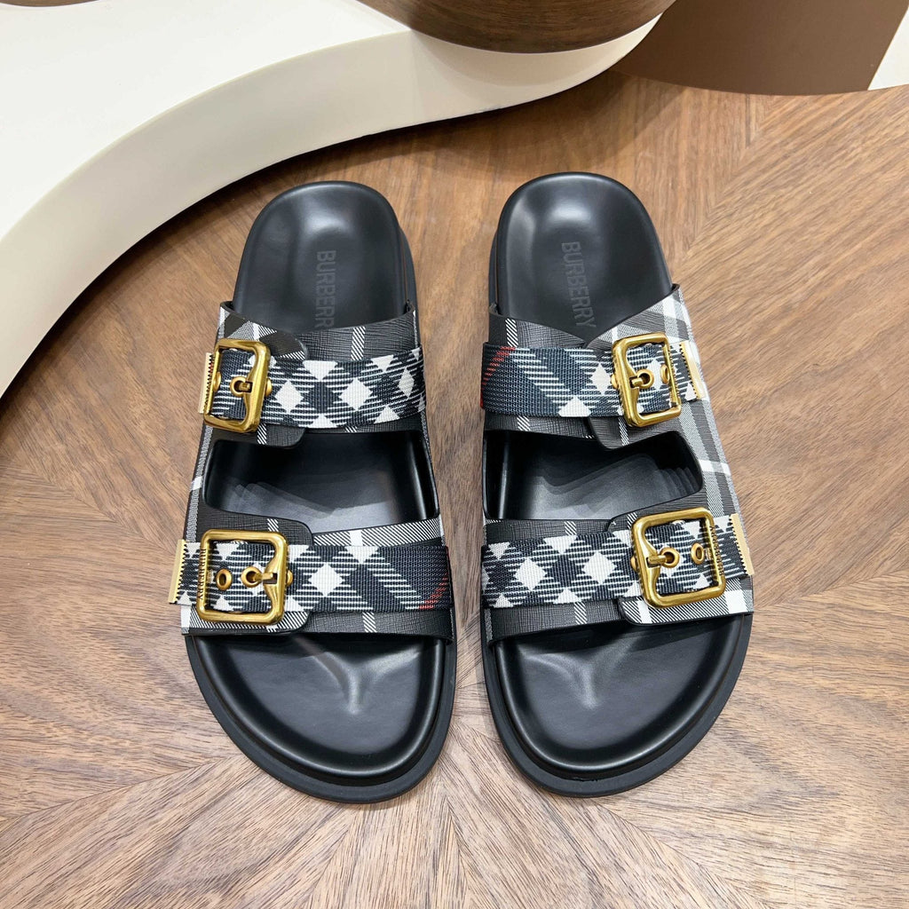 Burberry Plaid Buckle Slide Sandals - Cross Straps