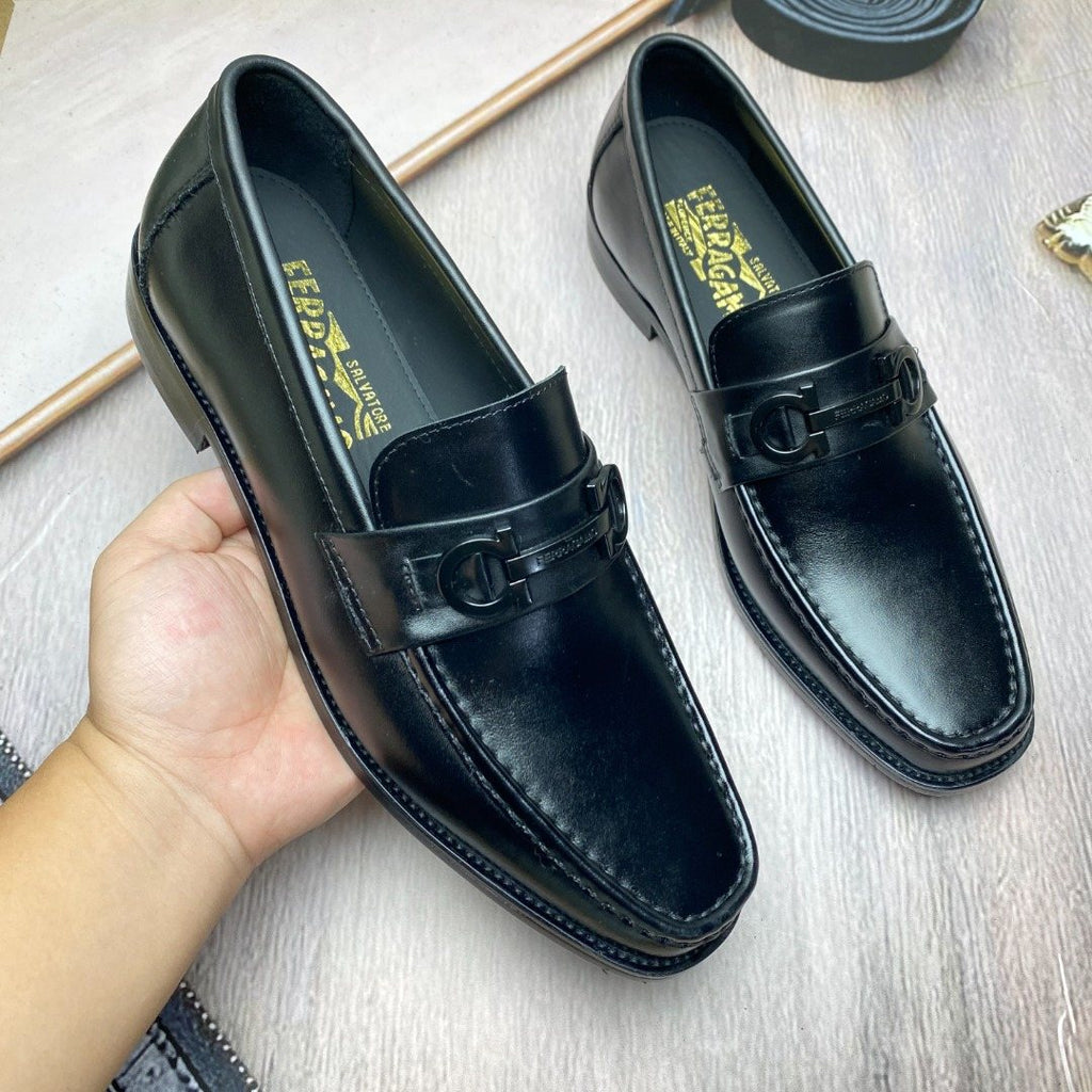 Ferragamo Black Metal-Accent Slip-On Loafers