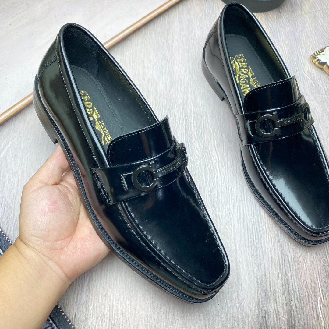 Ferragamo Black Metal-Accent Slip-On Loafers